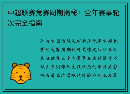 中超联赛竞赛周期揭秘：全年赛事轮次完全指南