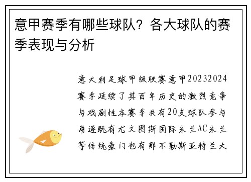 意甲赛季有哪些球队？各大球队的赛季表现与分析