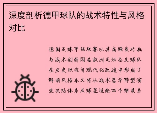 深度剖析德甲球队的战术特性与风格对比