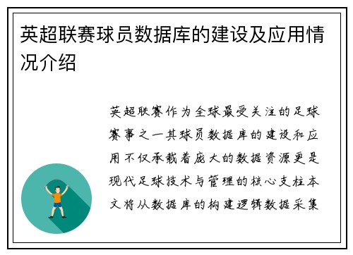 英超联赛球员数据库的建设及应用情况介绍